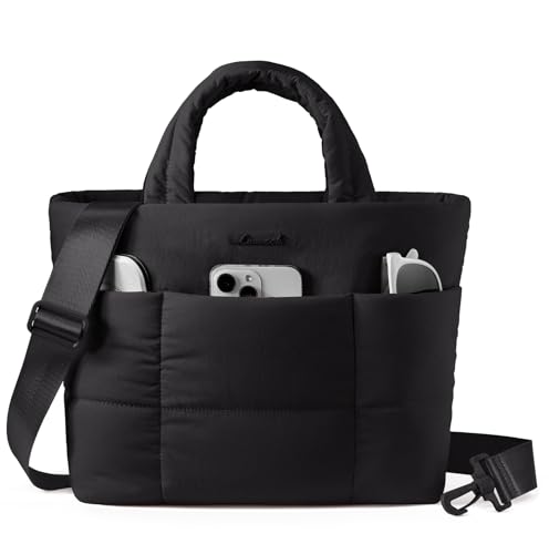 LOVEVOOK Small Tote Bags for Women, Puffer Purse and Handbags, Mini Crossbody Puffy Top Handle Shoulder Satchel Bag - color: Black, size: 13 Inch