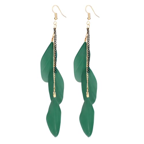 coadipress Boho Piercing Tassel Feather Long Chain Earrings Retro Lightweight Native Feather Dangle Drop Earrings for Women Bohemian Handmade Natural Feathers Earring Jewelry - color: Arm Green