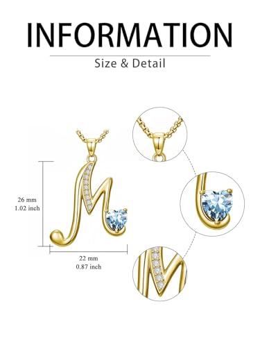 Birthday Gifts for Women 18k Gold Initial Necklaces for Women Simple Alphabets Letters with Birthstone Pendants Name Jewelry Anniversary Wedding Gifts for Sister Daughter Her (with Gift Box) - color: 03-Mar-Aquamarine, style: Letter M