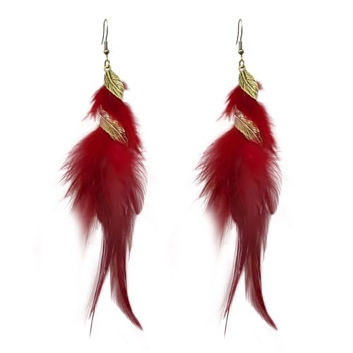 Feather Earrings for Women Bohemian Fringe Tassel Long Drop Dangle Earrings Lightweight Boho Statement earrings - color: red