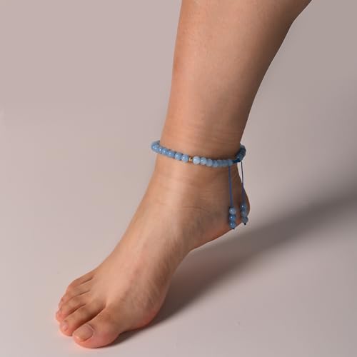 Softones 6mm Natural Stone Anklet for Women Gemstone Ankle Bracelets for Women Healing Energy Crystal Anklets Adjustable(8.5-10 Inches) - color: Blue Chalcedony