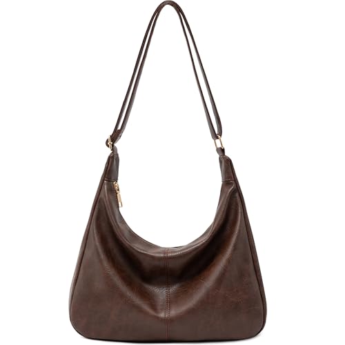 Hobo Bags for Women Foldable Vegan Leather Shoulder Handbag Slouchy Tote Crossbody Purses - color: Dark Brown
