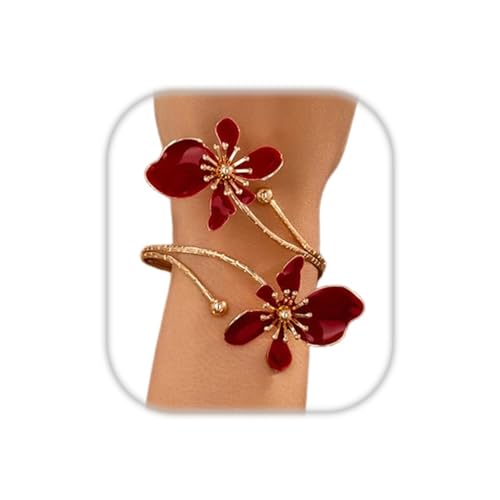 Flower Arm Cuff Bracelets for Women Adjustable Gold Upper ArmBand Jewelry Boho Floral Open Wrap Statement Bangle Bracelet Arm Cuff Jewelry Gifts for Women - color: Red
