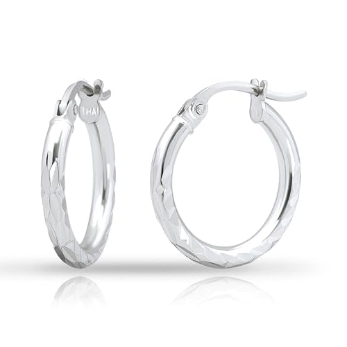 Hoops & Loops 925 Sterling Silver Diamond-Cut Hoop Earrings for Women, 2mm Textured Lightweight Click Top Hoops, 15mm 20mm 25mm 30mm, Silver 14k Yellow Gold & Rose Gold Flash Plated - color: Silver - 15mm (0.59'')