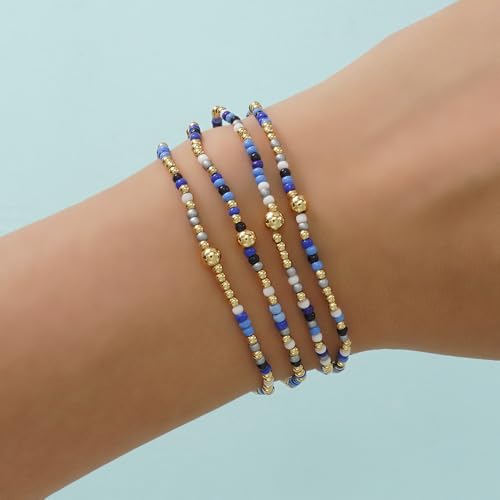 Boho 4Pcs Stack Colorful Small Seed Beaded Bracelets Set for Women, Cute Handmade Dainty Trendy Gold Plated Stretch Accessories Thin Glass Jewelry, Summer Daily Party Friendship Gift - color: Royal Blue