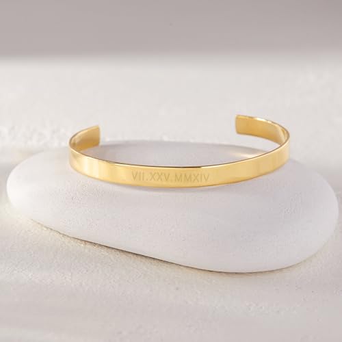 Brook & York Custom Engraved Roman Numeral Cuff Bracelet, 5 1/2 inches long - Women's Personalized Roman Numeral Date Bracelet - Stackable Bracelet - Graduation Gift for Her - Gifts for Mom