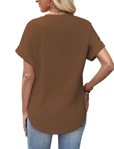 Sampeel Summer Tops for Women 2026 Trendy Rolled Short Sleeve Shirts Waffle Knit Crew Neck Tops Curved Hem Fashion Clothing - color: Classic Brown, size: Small
