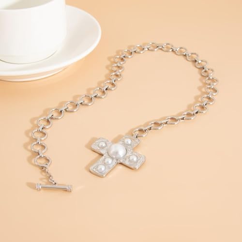 Chunky Cross Necklace for Women Chunky Gold Necklace Statement Cross Pendant Vintage Toggle Clasp Necklace Jewelry for Women - color: C2-Silver Cross Necklace