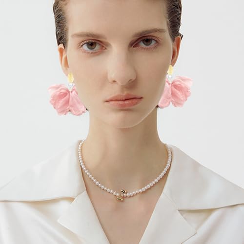 Handmade Fabric Flower Petal Fringe Dangle Drop Earrings Bohemian Floral Tassel Stud Earrings For Women - color: Meat Pink