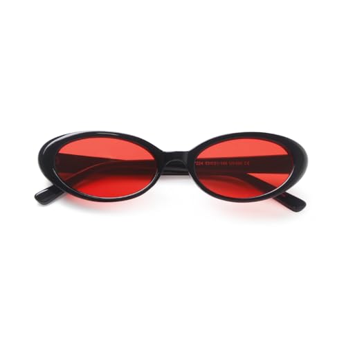 90s Sunglasses for Women Men Retro Small Oval Sunglasses - color: Black/Red