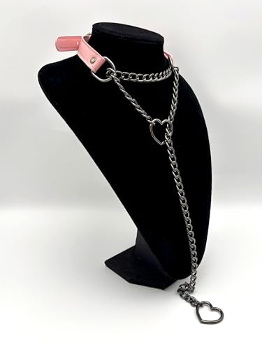 Black Leather Choker Collar For Women, Handmade Heart Slip Chain Choker Long Necklace with Adjustable Buckle - color: B-Pink-Black-Black, size: 24''chain