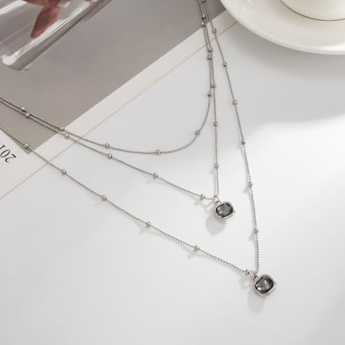 KURTCB Silver Necklace Stack Triple Layered Silver Square Pendant Necklace for WomenTrendy Dainty Jewelry