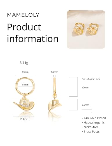 Mameloly Cowgirl Earrings for Women CZ 14K Gold Plated Western Cowboy Hat Dangle Hoop Earrings Cute Jewelry Hypoallergenic - color: 10 CZ Hat