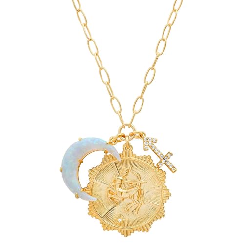 Dainty Gold Zodiac Embossed Coin Opal Crescent Moon Charm Necklace for Women Trendy 18K Gold Plated Retro Paperclip Chain 12 Constellation Horoscope Necklaces Astrology Jewelry Gifts - style: 9.SAGITTARIUS (NOV 22-DEC 21)