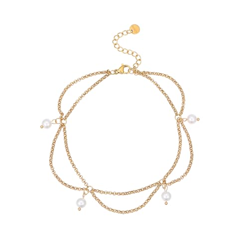Gold Ankle Bracelets for Women 18K Gold Plated Waterproof Starfish Sea Shell Pearls CZ Diamond Dangle Anklets Trendy Summer Beach Foot Chain Jewelry Gift - style: 4 Pearls Drop-Gold