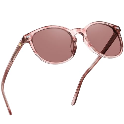 DUCO Women's Trendy Retro Round Acetate Polarized Sunglasses, UV400 99% Glare Block, Lightweight for Daily & Outdoor - color: Pink Stripe Frame Pink Lens