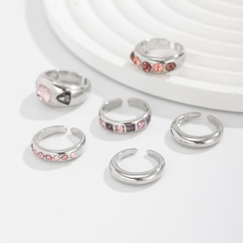 Chunky Gold Rings for Women Non Tarnish Silver Chunky Rings Set Adjustable Thick Statement Ring Gold Stackable Ring for Women Trendy Fashion Silver Jewelry - style: Style8-Purple Gemstone Silver 6Pcs