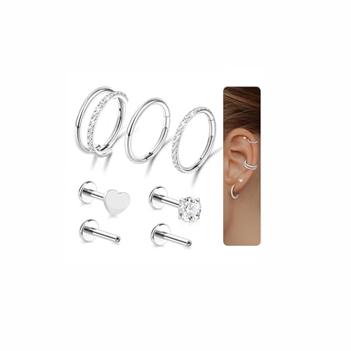 G23 Titanium 3PCS/7PCS 16G Cartilage Double-Hoop Helix Conch Piercing Jewelry With Cubic Zirconia Flat Back Stud Earrings Set For Women Men - color: A-7PCS-Silver-16G