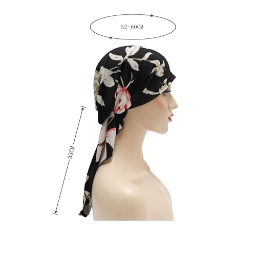 ZLYC Chemo Headwear Pre Tied Head Scarf Headwraps Lightweight Turban Beanie Cap for Women - color: Flower Leaves Black