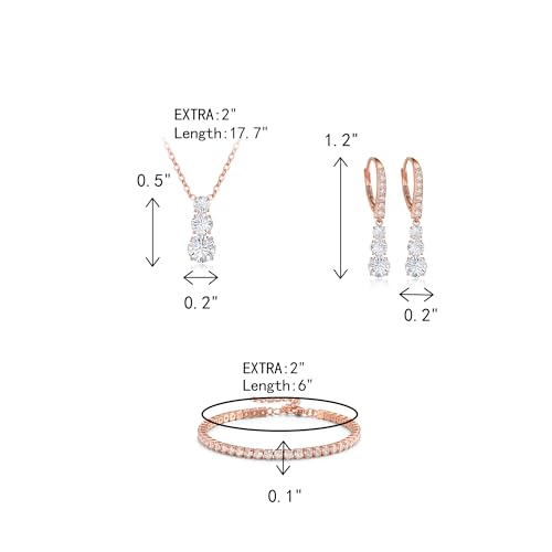 Crysdue Cubic Zirconia Jewelry Set for Women Bridesmaid, Classic Round Cut Drop Lightweight Lever Back Earrings Pendant Necklace Tennis Bracelet for Wedding Prom Party - style: 3pcs Rose Gold