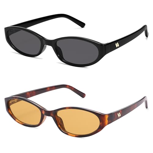 Retro Oval Sunglasses for Women Men Y2k Narrow Cat Eye Sunnies Skinny Shades AR82299 - color: 01. Black/Grey+tortoise/Yellow