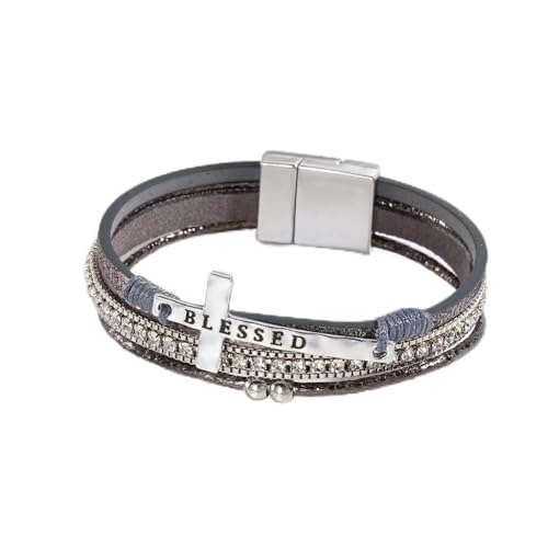 VIBILIA Boho Leather Wrap Bracelets for Women Men Multi-Layer Bracelets with Strong Clasp Western Jewelry - color: 11-Cross-Gray