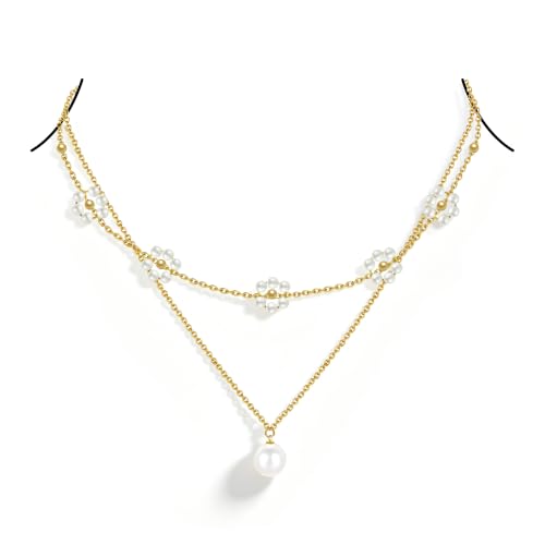 Trinckle Pearl Necklaces for Women, Gold Pearl Choker Single Pendant Necklace Layered Daisy Jewelry for Prom Birthday Gifts, Prom Wedding Strands for Bride Bridesmaids as Beach Summer Accessories - style: Daisy necklace