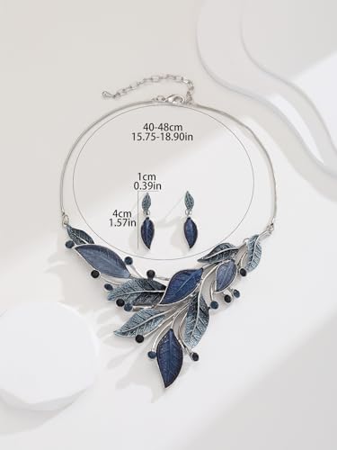 Vintage Chunky Statement Jewelry Set Retro Leaf Floral Geometric Bohemian Boho Bib Necklace Earring Set Fashion Costume Jewelry for Women Girls Wedding Party Prom Unique Gift - style: spring leaf-blue grey silver