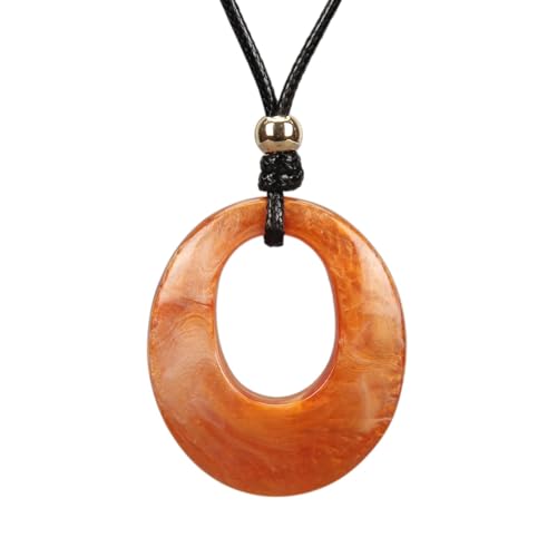 PU Leather Necklace Vintage Boho Style Multilayer Pendant Long Sweater Necklace Jewelry for Women Men with Adjustable Leather Cord - color: Orange Oval Ring Imitation Jade Necklace