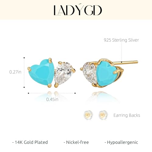 Turquoise Stud Earrings for Women, 14K Gold Plated Created Gemstone Minimal Design Everyday Boho Jewelry Gifts - style: Heart Teardrop