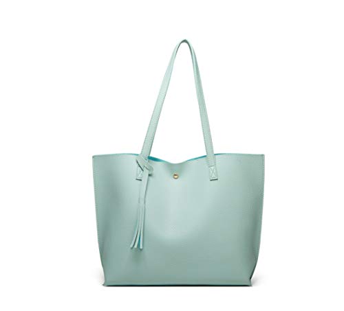 Dreubea Women's Soft Faux Leather Tote Shoulder Bag from, Big Capacity Tassel Handbag - color: Aquamarine