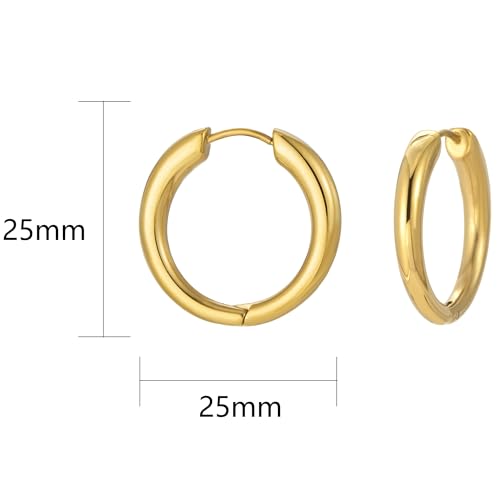 Stainless Steel Hoop Earrings for Women Gold Tone Geometric, Huggie Heart Twisted Minimalist Engraved Designs for Daily Wear - color: Gold_25mm