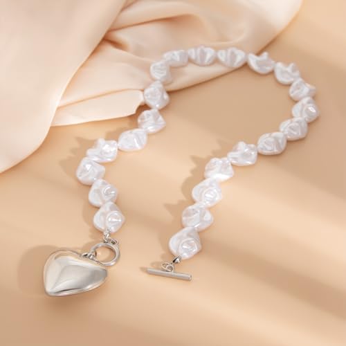 Statement Chunky Gold Heart Pendant Necklace for Women Trendy Boho Baroque Pearl Chain Choker Big Silver Love OT Buckle Necklaces Party Prom Jewelry Gift - color: Silver