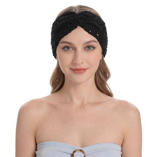 ZLYC Women Headband Handmade Crochet Knit Boho Flower Hair Bands (Twist Knotted Black) - color: Twist Knotted Black
