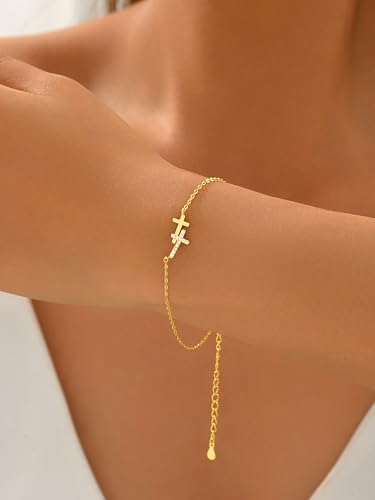 Double Cross Bracelet for Women 925 Sterling Silver Dainty 14K Gold Plated Cubic Zirconia Bracelet Faith Christian Bracelets Adjustable Chain Religious Christian Baptism Jewelry Gifts - color: Gold 2