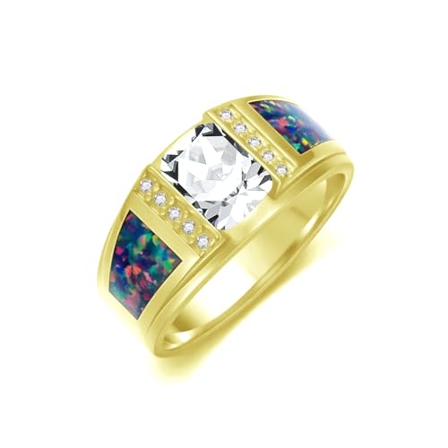 2CT Gemstone Wedding Ring for Men S925 Sterling Silver Gold Plated Opal Engagement Ring Vintage Retro Jewelry for Men Husband Anniversary Free Engraved Size 4 to 16 - style: Diamond