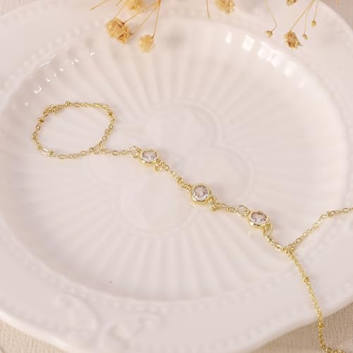 BAYLAY Hand Chain Bracelet, 14K Gold Plated Ring Bracelet Hand Chain Dainty Gold Bracelet for Women Trendy Finger Ring Slave Bracelets Hand Jewelry for Women Summer Beach Boho Gifts Trendy Stuff - color: 3CZ-7mm