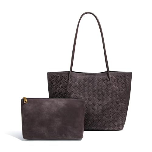 Women's Luxury Handmade Woven Tote Bag, Beach Bag Set, Elegant Age Reducing Travel Commuter Bag Set - color: Frosted Material 13# Brown