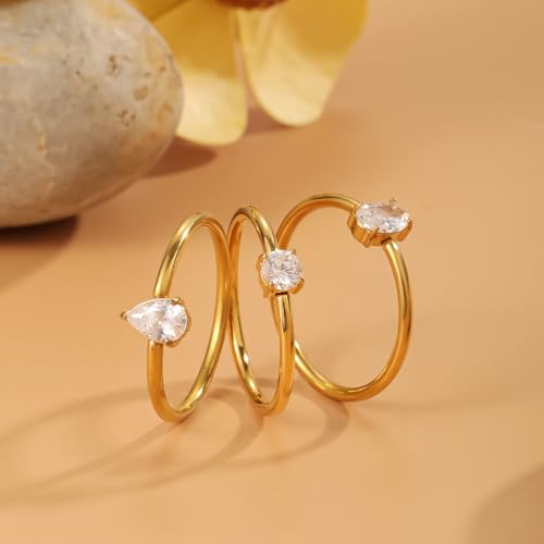 14K Gold Plated Stackable Rings for Women Non Tarnish - Dainty Cubic Zirconia Engagement Ring Set Colorful Birthstone Statement Promise Stacking Rings Size 6-9 - color: White