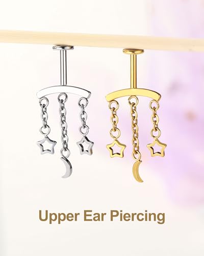 Crescent Moon Star Chain Vertical Hidden Helix Stud Earrings Dangle 316L Stainless Steel Flat Back Threadless Push-Pin Cartilage Rook Piercing Jewelry - color: steel