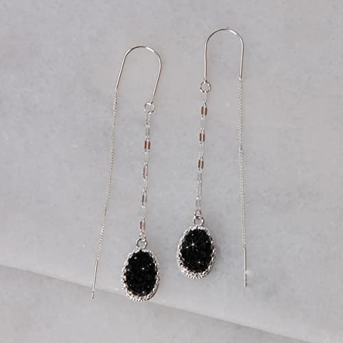 Simulated Druzy Threader Earrings for Women - Gold, Silver, or Rose Gold Tone Long Chain Earrings with Boho Created Geode Stone - color: Silver - Black Stone
