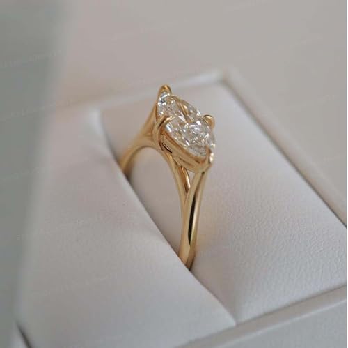 14K Yellow Gold Marquise Cut Moissanite Engagement Ring East West Solitaire Ring 4 Prong Setting, Dainty Promise Jewelry Gift for Women