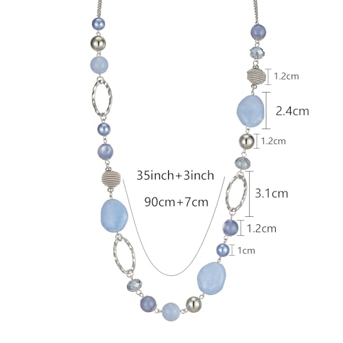 BULINLIN Beaded Long Necklace for Women Silver Sweater Chain Necklace with Crystal Resin Beads, Fashion Jewelry Necklace - color: Light blue