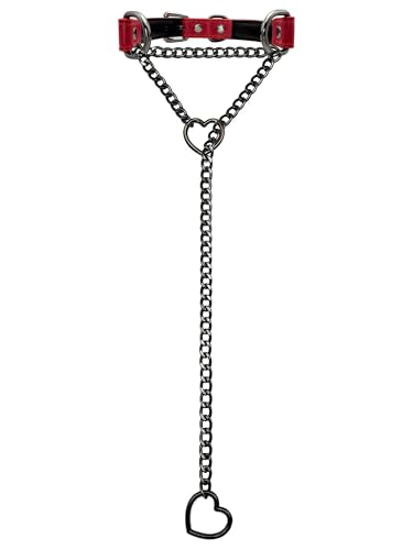 Black Leather Choker Collar For Women, Handmade Heart Slip Chain Choker Long Necklace with Adjustable Buckle - color: B-Red-Black-Black, size: 24''chain