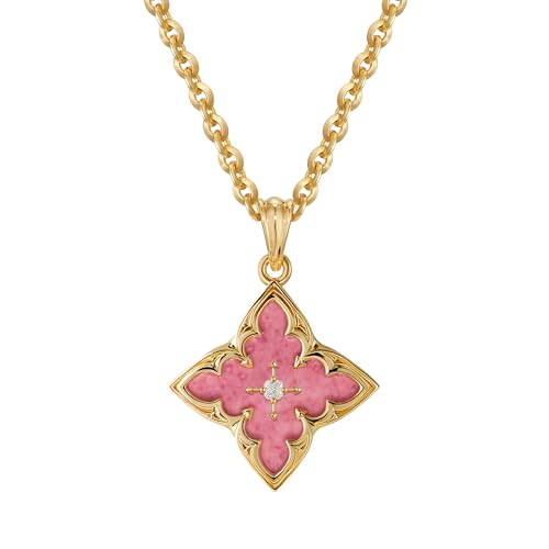 Fettero Gold Clover Necklace for Women Dainty 14K Gold Plated CZ Pendant Necklace Adjustable Chain Choker Charm Colorful Clover Pendant Lucky Necklaces for Women Jewelry - color: Pink Rhodonit