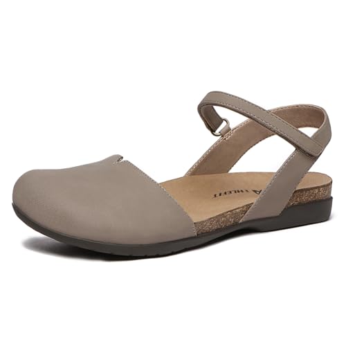 Athlefit Women's Closed Toe Sandals Comfort Cork Footbed Arch Support Flat Sandals - color: Taupe, size: 7.5