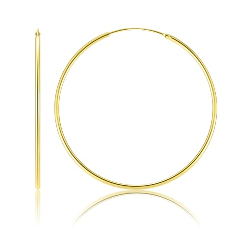 Gold Hoop Earrings for Women, 14K Gold Earrings for Women, Dainty Gold Vermeil Endless Thin Hoops, 14K Gold Plated 925 Sterling Silver, 35/45/55mm - size: 55mm
