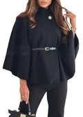 Zaswen Batwing Long Sleeve Cloak Coats for Women Fall Winter Stand Up Collar Oversized Cape Poncho Jackets with Belted - color: Black, size: Small