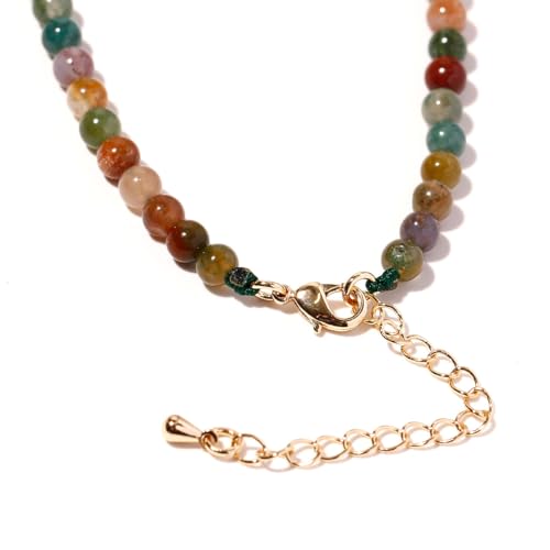 Simple Choker Necklace for Women Real Stone and Crystals Necklaces 4mm Beaded Choker Jewelry Meditation Gift for Women (16"+2") - style: Indian Agate