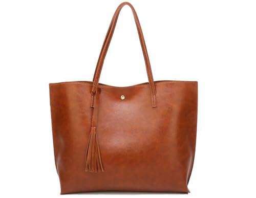 Dreubea Women's Soft Faux Leather Tote Shoulder Bag from, Big Capacity Tassel Handbag - color: Brown New Style